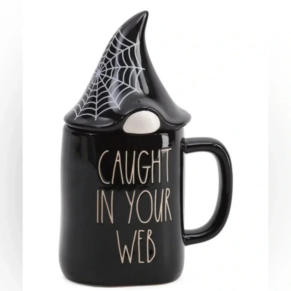 🖤🤍 NEW Rae Dunn - CAUGHT IN YOUR WEB - Cute Gnome Coffee Mug/Cup with TOPPER
